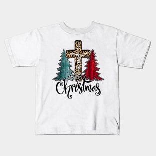 Merry Christmas Tree Lights Buffalo Plaid Red Jesus Cross Shirt Kids T-Shirt